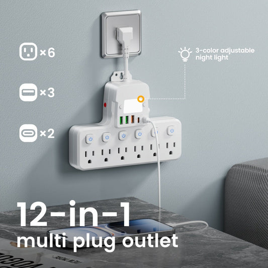 Desktop Power Strip with 6 AC Outlets, 3 USB-A & 2 USB-C Ports, 6 Switches
