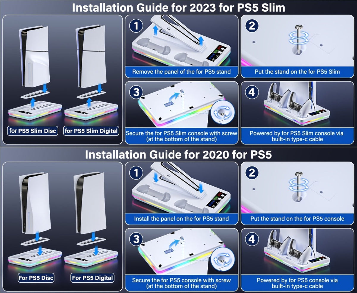 PS5 Cooling Stand with Dual Controller Charging Dock – Compatible with PS5/Slim/Pro Standard & Digital Edition, 3-Speed Fan, 10 RGB Lights & USB Hub, PlayStation 5 Gaming Accessories