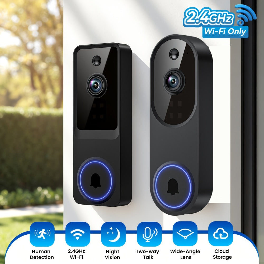 166° Wide Angle Video Doorbell 720P 2.4G 5G Dual-Band WiFi – Color Night Vision, AI Vehicle & Person Detection, Two-Way Voice, No Wiring, Real-Time App View, Single or 2-Pack, Black