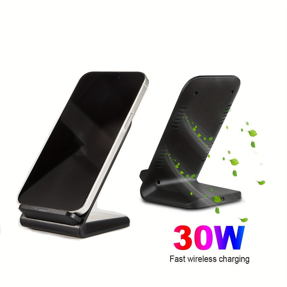 30W Ultra-Fast Wireless Charger Stand Dual Coil Smart Auto-Adjust 5W-30W for iPhone 17 16 15 14 13 12 11 Pro Max, Samsung Galaxy S24 S23 S22 S21 S20 S10, Google Pixel, Huawei, Xiaomi & All Qi Android – USB-C Black