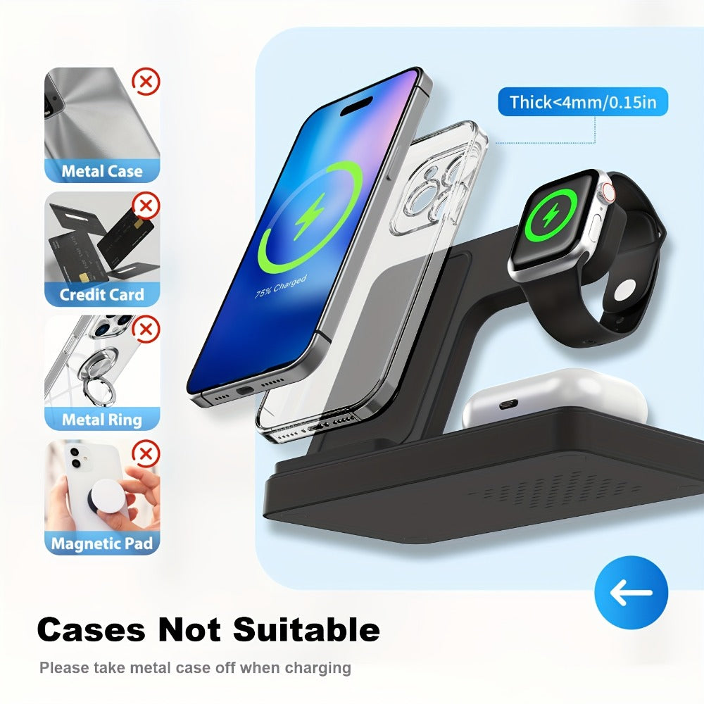 Vertical Horizontal Wireless Charging Station 3-in-1 Foldable 15W LED Indicator – Fast Charger for iPhone 17/16/15/14/13/12, Apple Watch Ultra 2/Series 10/9/8/7 & AirPods Pro 4/3/2 | Portrait Landscape Stand | Black & White