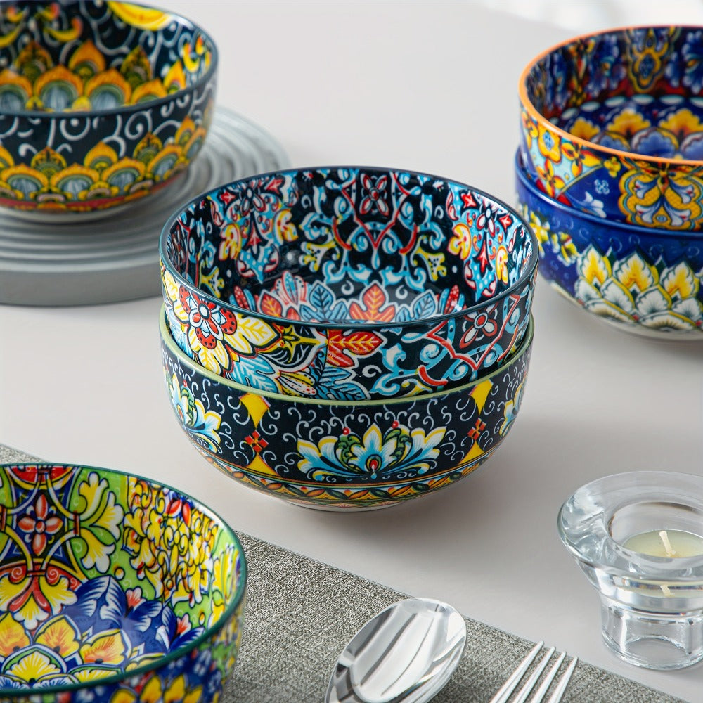 Cereal Bowl Set of 6 Bohemian Style 26oz – Colorful Ceramic Bowls for Cereal Soup Oatmeal Salad Ice Cream Pasta Microwave Dishwasher Safe Boho Kitchen Decor Gift for Home