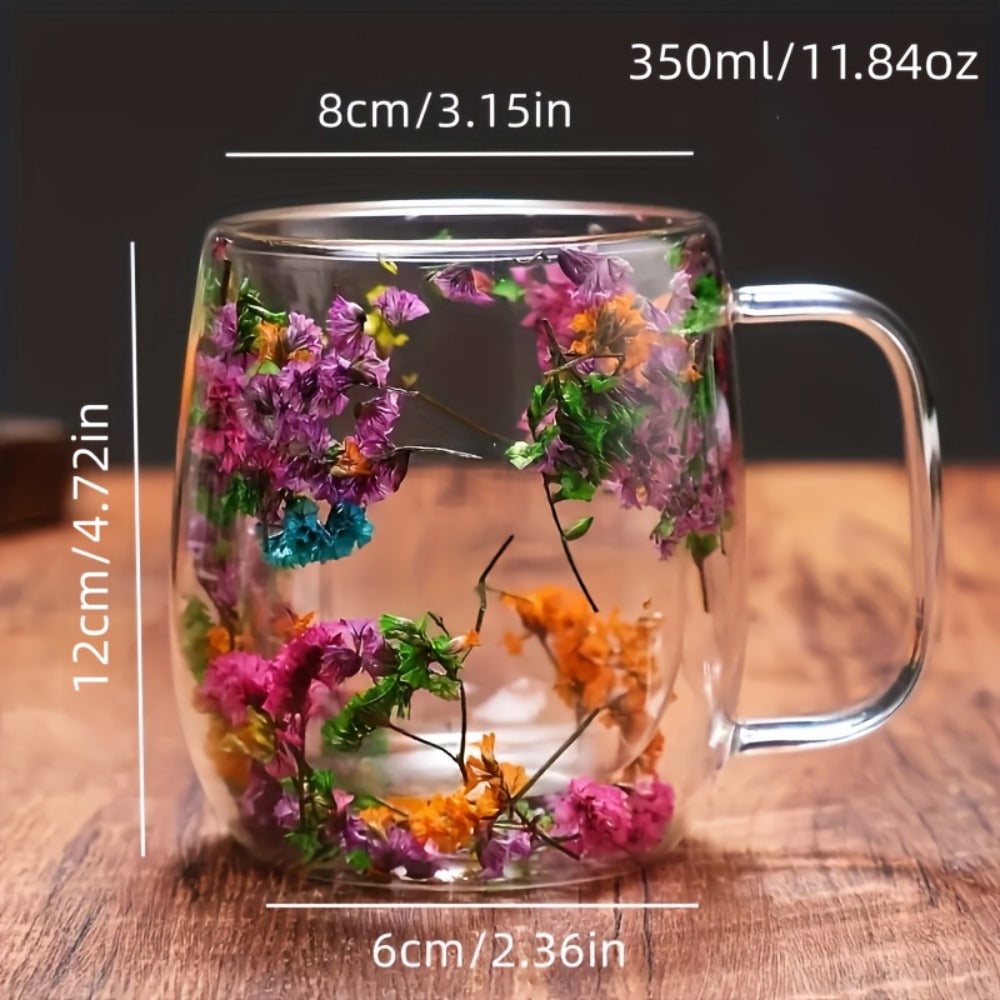 Double Wall Glass Coffee Cups with Handle Set of 4 – Borosilicate Thermal Mugs for Latte Cappuccino Tea | Dried Flower & Petal Design Transparent Drinkware for Office Home Gifts