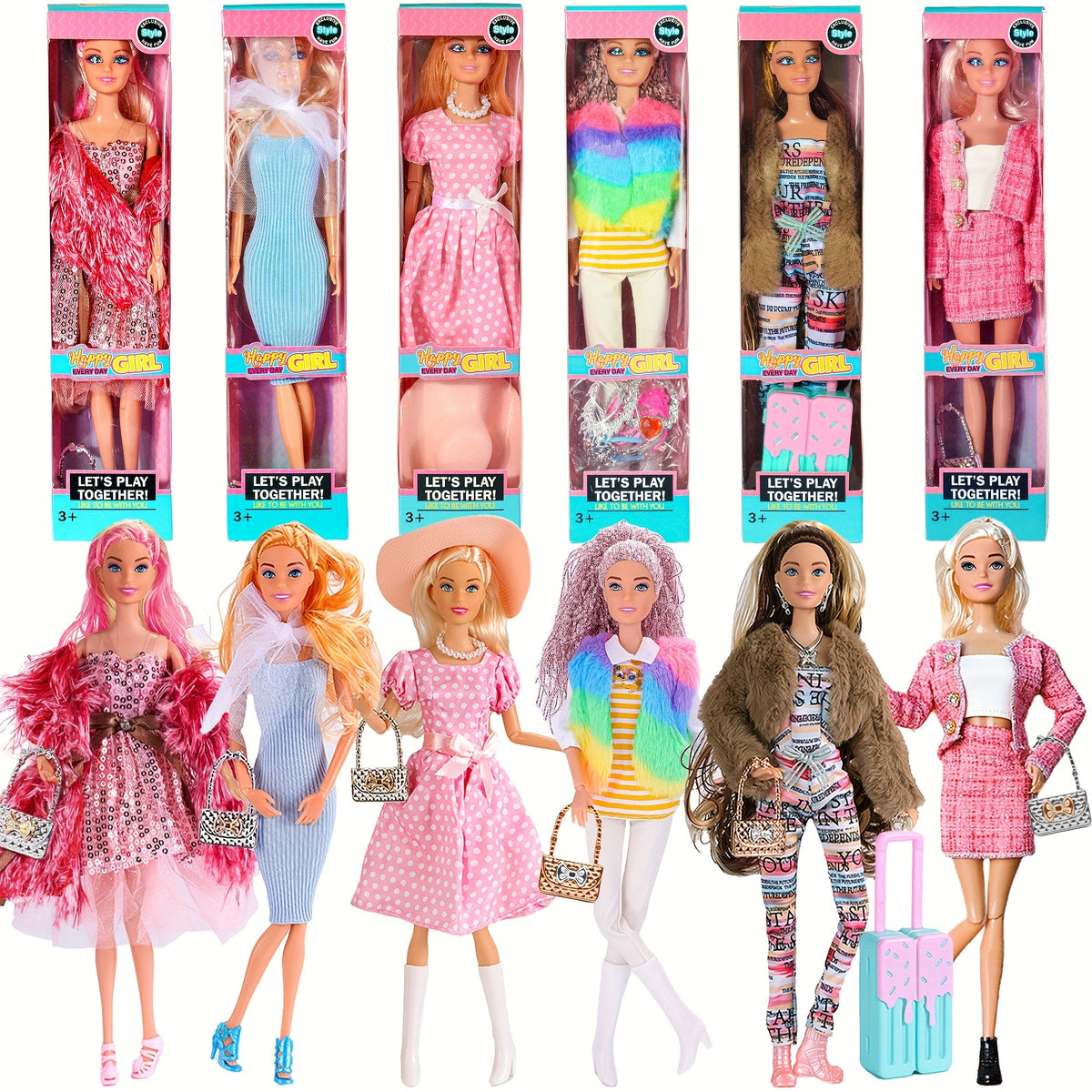 6-Pack 11.5-Inch Poseable Fashion Princess Doll Set with Accessories