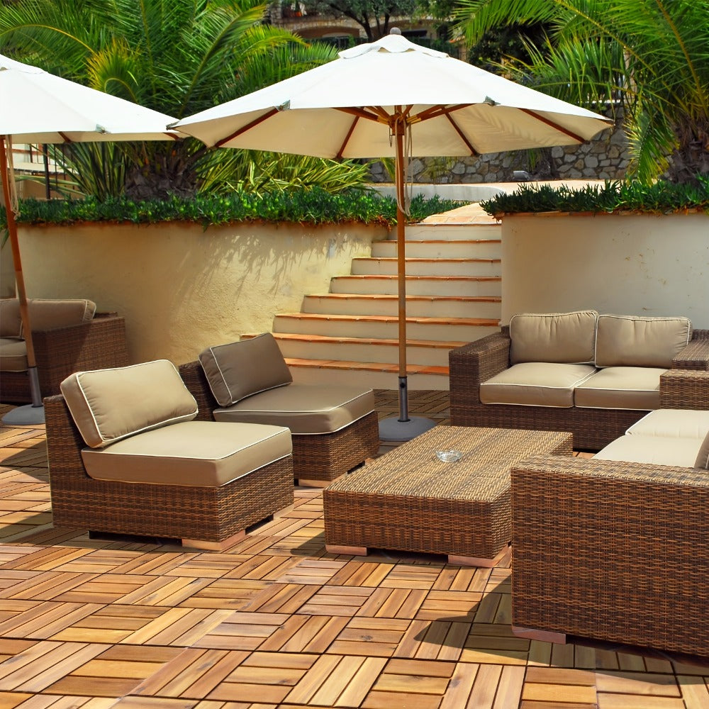Interlocking Acacia Wood Deck Tiles 27-Pack – 12x12 Inch Oil-Finished Slat Tiles, Covers 27 Sq Ft, Tool-Free Install, for Patio, Balcony, Garden, Deck & Indoor Flooring