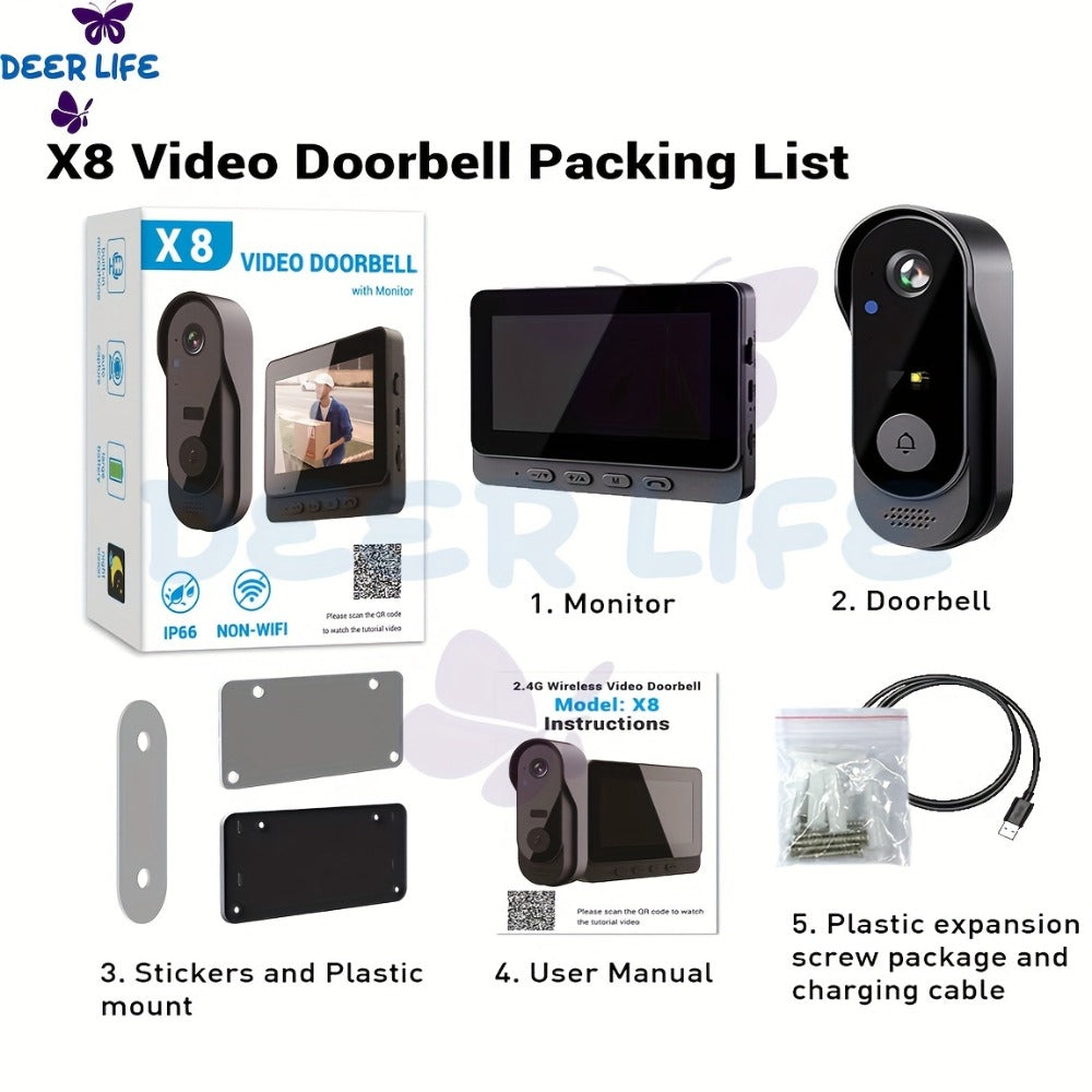 Wireless Doorbell with Monitor No WiFi No Subscription – 4.3" Screen, Two-Way Talk, Night Vision, 365-Day Standby, IP66 Waterproof, 128GB Auto Recording, No App No Monthly Fee