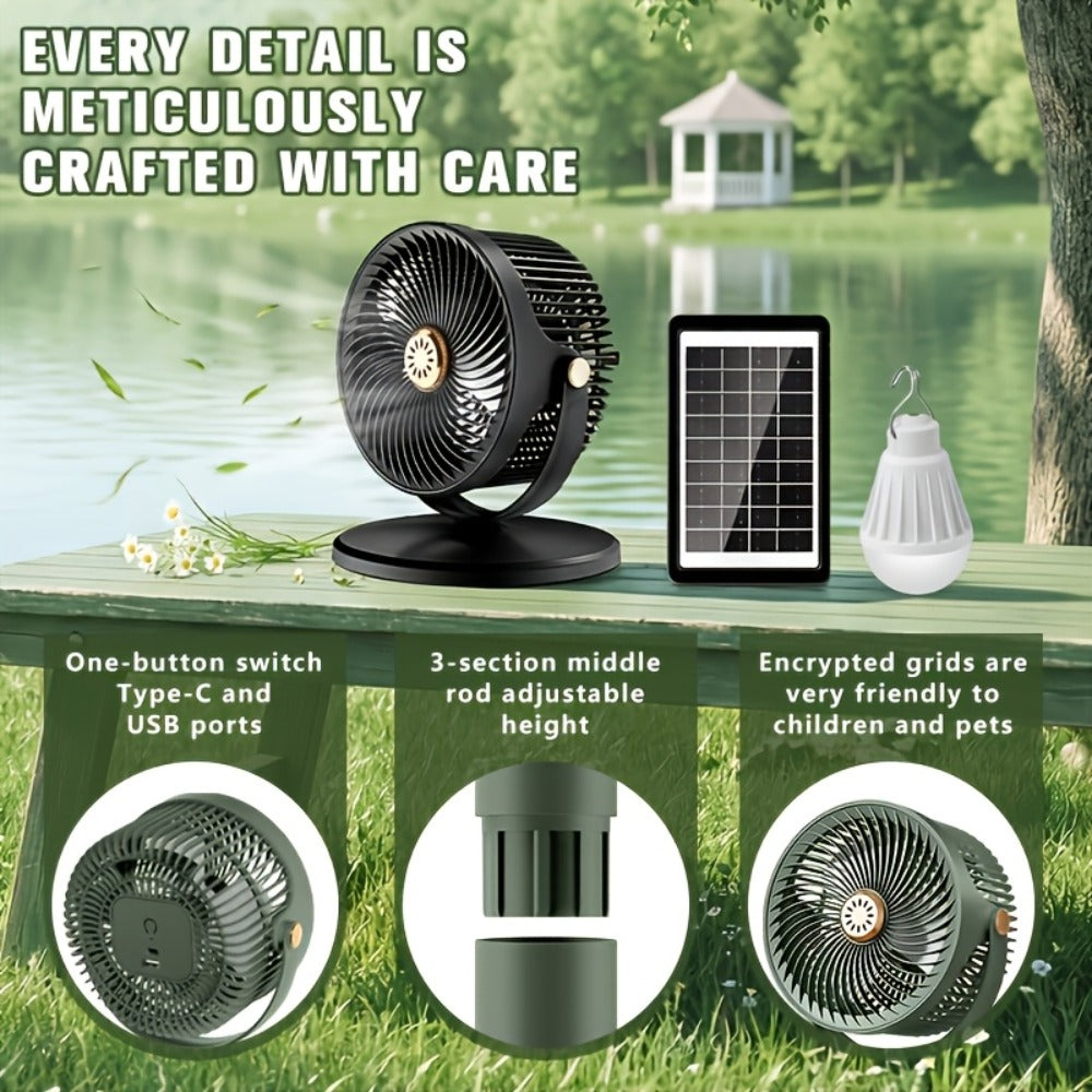 Solar Floor Fan 33-Inch Rechargeable 4000mAh USB Standing Fan Power Bank 2-in-1 360° Tilt 5-Speed 4-Height Adjustable for Indoor Outdoor Courtyard RV Camping