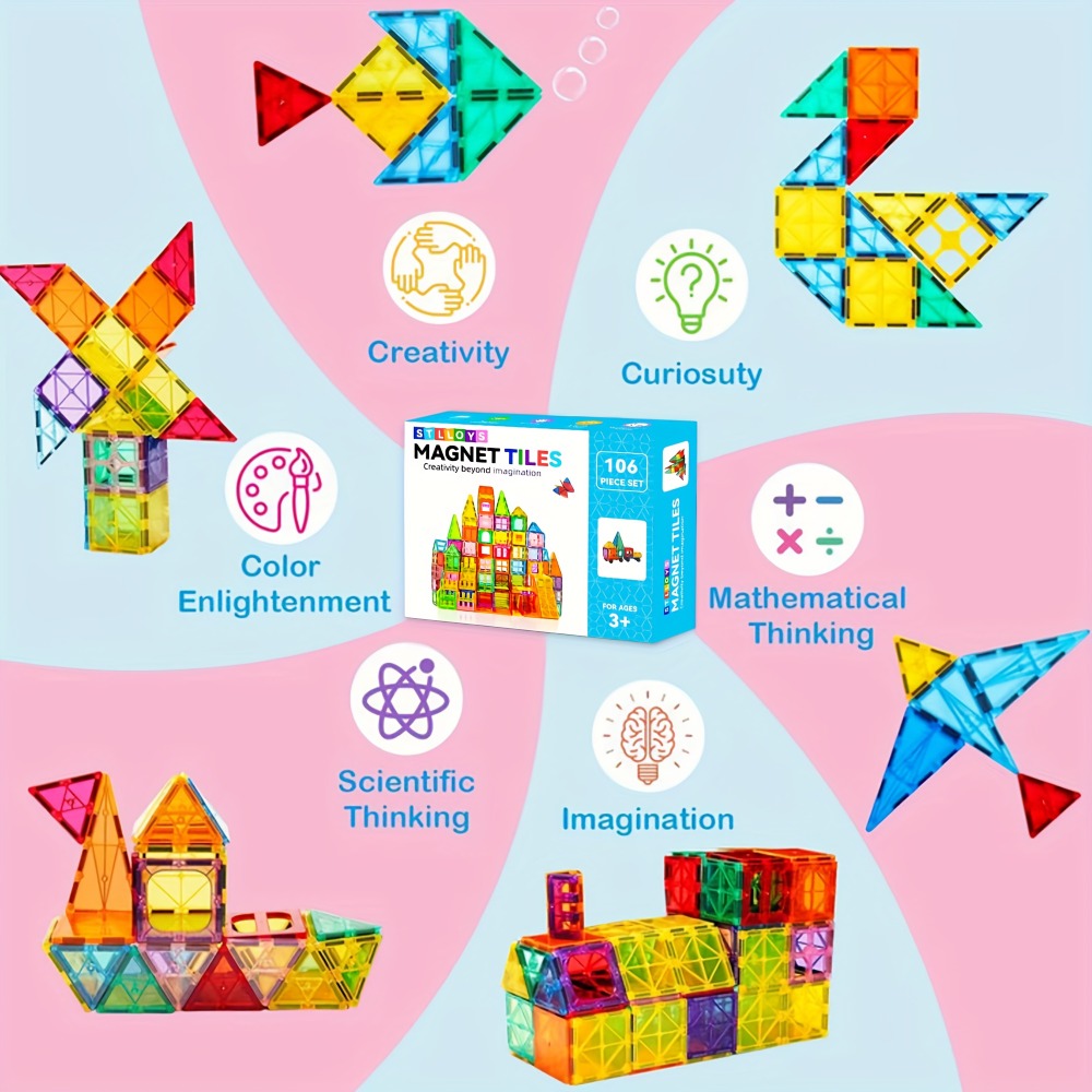 Magnetic Tiles Building Set for Kids Ages 3+, 106-Piece Multicolor with 2 Toy Cars or 136-Piece Basics