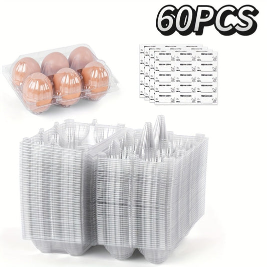 Plastic Egg Cartons, 60-Pack Clear Reusable 6-Egg Holders with 4 Label Stickers