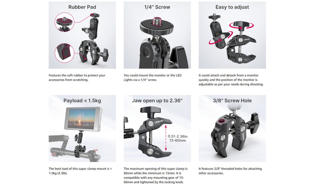 ULANZI Super Clamp 360° Ballhead Magic Arm Double Ball Head Camera Mount with 1/4"-20 & 3/8"-16 Thread for Canon Nikon DSLR, Action Camera, LED Lights, DJI Ronin & Freefly MOVI