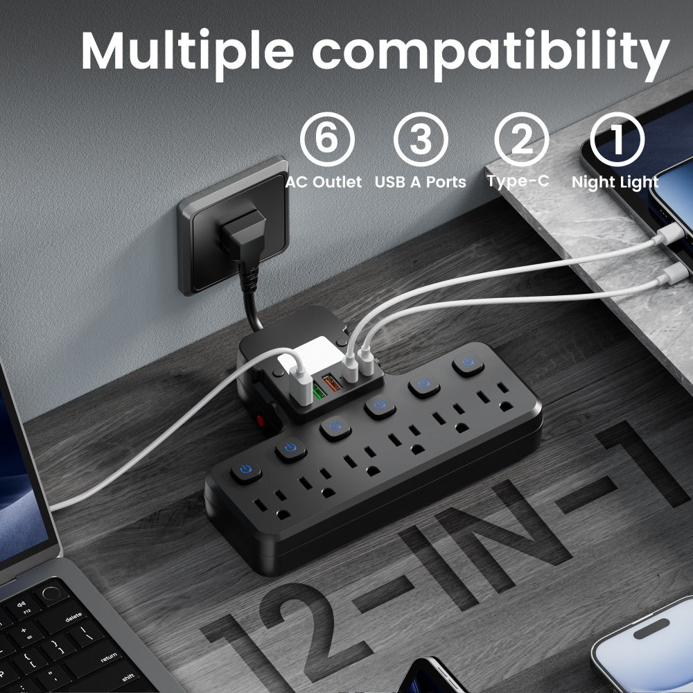 Night Light Wall Outlet Extender 11-in-1 with 6 AC Outlets & 5 USB Ports (3 USB-A & 2 USB-C), Surge Protector Adapter for Home, Travel & Office Use