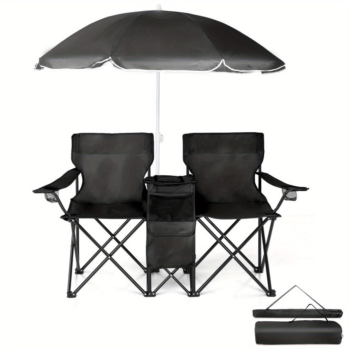 Folding Fishing Chair with Sun Umbrella – 2-Seat Portable Outdoor Chair, Iron Alloy Frame & Oxford Fabric, Built-In Storage Bag & Carry Bag, for Beach, Patio, Camping & Sunbathing, 4 Colors