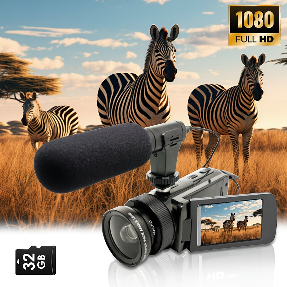 Digital Video Camera HD 1080P with Flip Screen & External Microphone – 16MP 16X Zoom Compact Camcorder for Family, Travel, Vlogging, YouTube & Beginners with 32GB Card