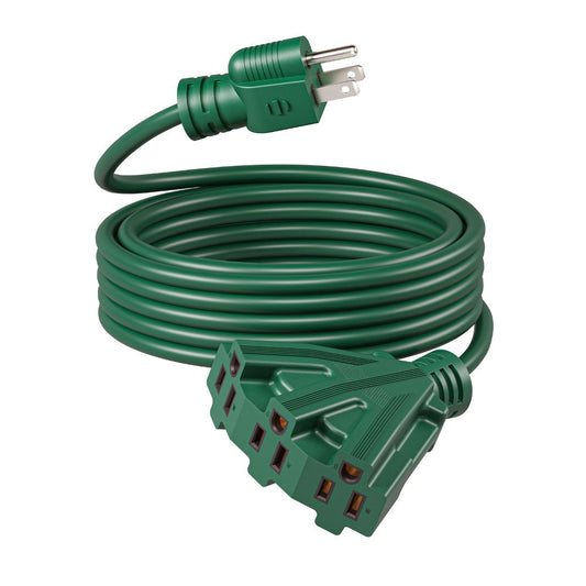 Extension Cord Splitter, Green 12ft 16/3 SJTW, 3 Outlets for Holiday Lighting