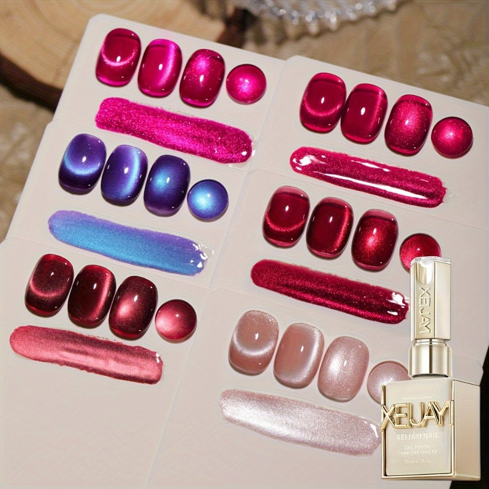 Berry Cat Eye Gel Polish 6 Colors Photo Frame Bottle Magnetic Holographic Reflective Soak Off LED UV – Deep Plum Burgundy Magenta Nail Art Gel for Salon & DIY Manicure, Nail Art Gift for Women