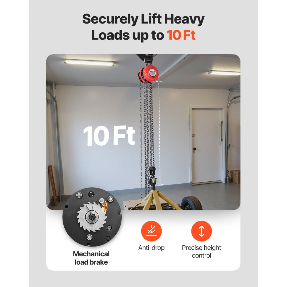 Hand Chain Hoist 2200 lb / 4400 lb Manual Chain Block with G70 Chain – 8 ft / 10 ft / 20 ft Lift Height, 360° Rotating Hooks, Security Brake, for Garage, Construction & Warehouse Lifting