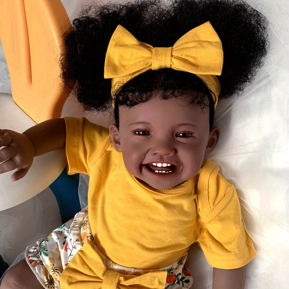 24-Inch Black Reborn Baby Girl Doll with Rooted Hair and Cloth Body