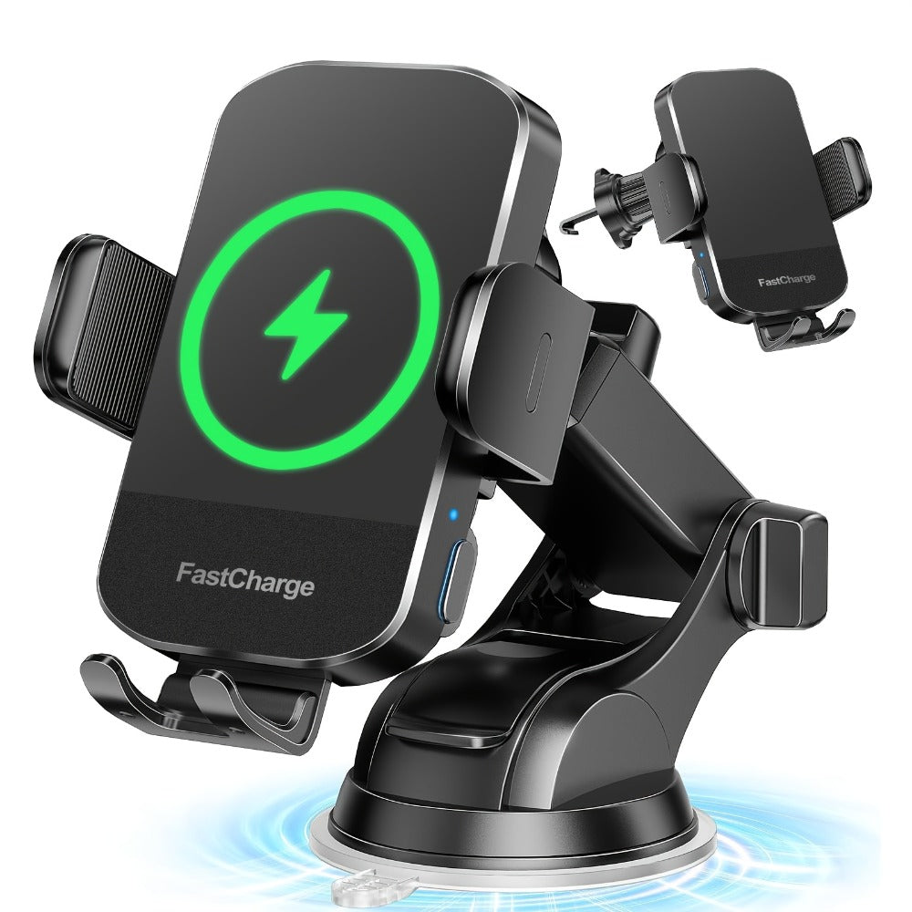 Wireless Car Charger Mount 15W Auto-Clamping – Fast Charge Phone Holder for iPhone 17 16 15 14 13 12 Pro Max, Samsung Galaxy S24 S23 S22 S21 S10 & All Qi Phones | USB-C Dashboard & Vent Mount