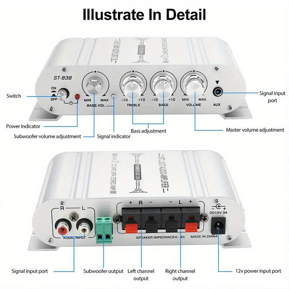400W Car Audio Amplifier 2.1 Channel 12V Vehicle Sound System Stereo Bass Booster with Aluminum Alloy Housing, Easy Installation for Car Truck SUV Audio Upgrade — Silver