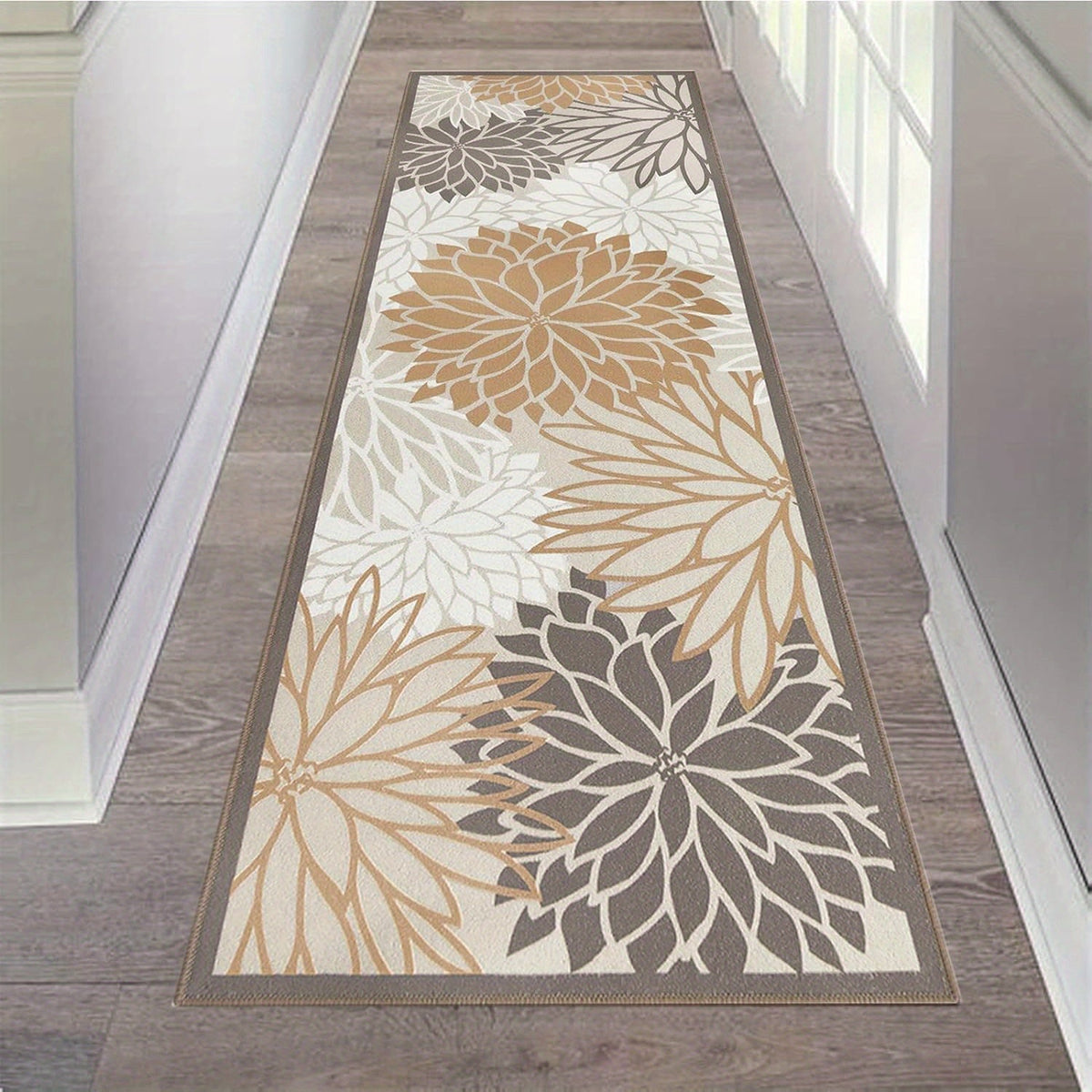 Floral Medallion Runner Rug Non-Slip Machine Washable – Low-Profile Hallway Carpet for Entryway, Laundry Room & Bathroom – Brown & Grey, 2x6, 2x8, 2x10 Ft