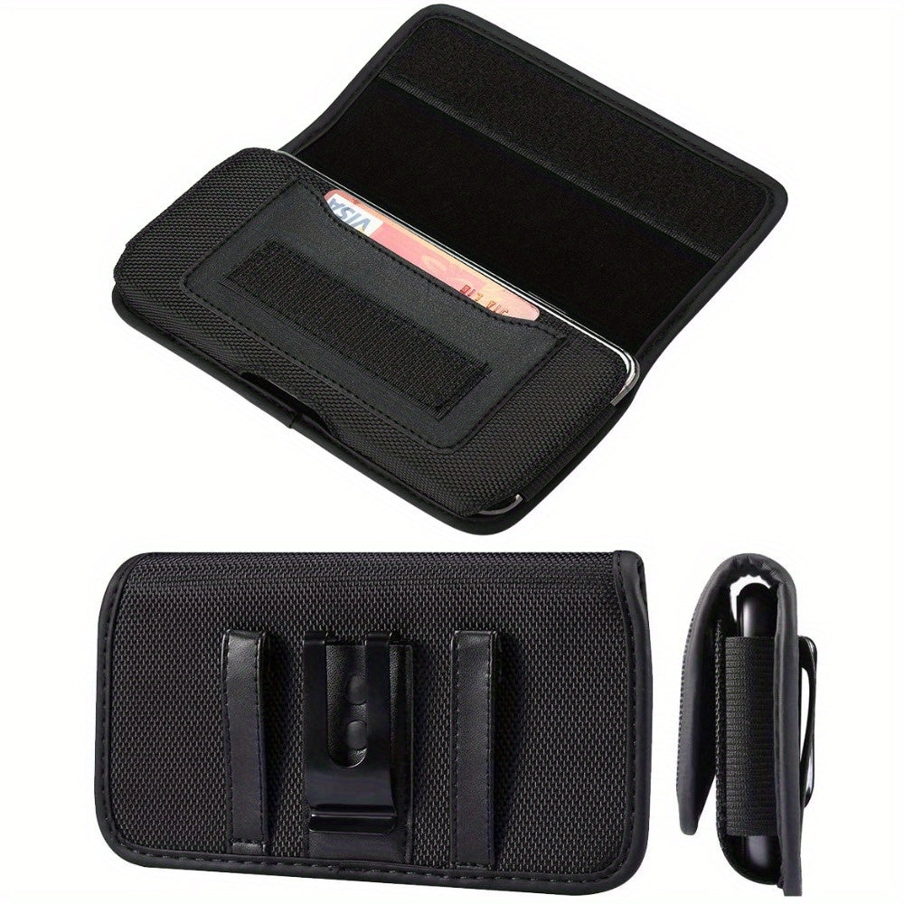 Nylon Phone Belt Clip Holster Pouch with Card Slot & Carabiner Hook - Horizontal Universal Cell Phone Carrying Case for iPhone 16 15 14 13 12 11 Pro Max, Samsung Galaxy S25 S24 S23 S22 Ultra A55 A35 A15 Note 20 & More