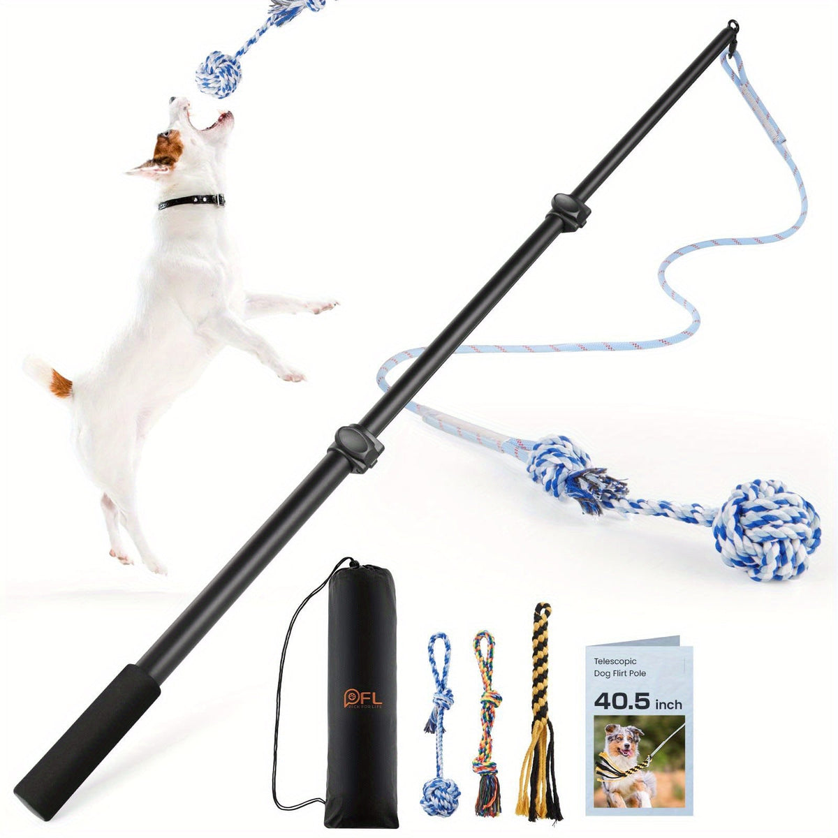 Dog Flirt Pole Telescopic - Extendable Flirt Stick with 3 Detachable Toys & Nylon Rope, Aluminum Alloy Dog Chase Toy for Small Medium Large Dogs, Agility Training Exercise & Interactive Play Tool