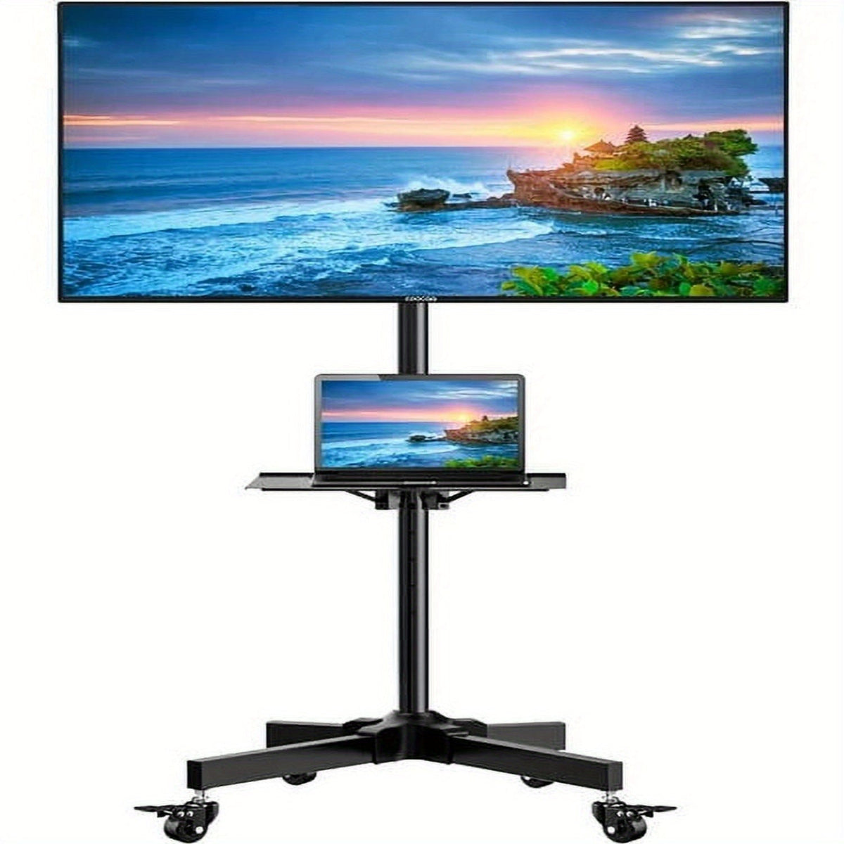 Rolling TV Cart Stand for 23-60 Inch TVs – Height Adjustable 12-24", Lockable Wheels, Media Shelf, Cable Management, 55 lbs Capacity, VESA 100-400mm, Home Office & Commercial Use, Black