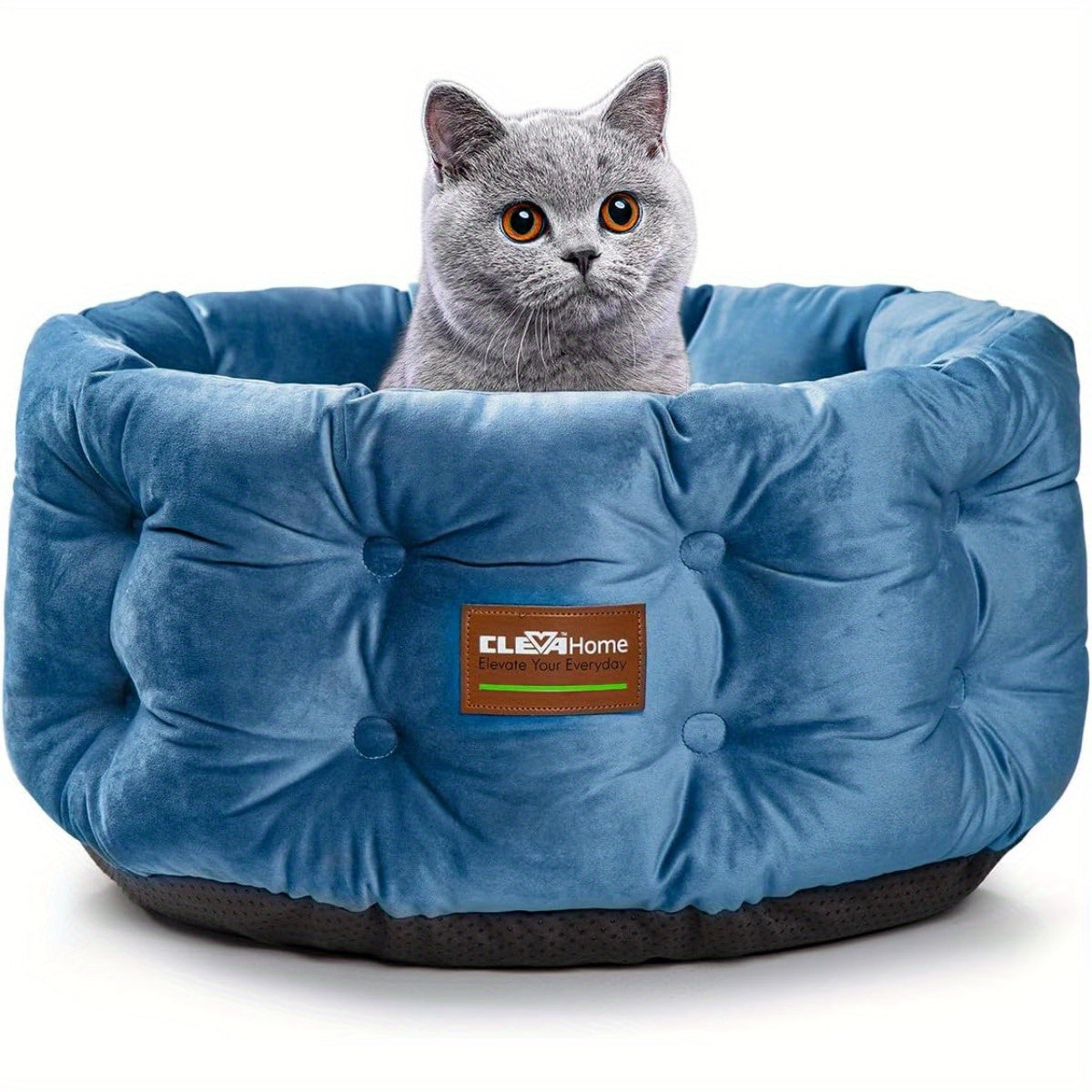 Cat Bed Round Deep Nest for Indoor Cats up to 15lbs, Luxurious Velvet Feel Extra High Sides, Machine Washable Non-Slip Bottom, Cozy Donut Cat Bed 20x20 in Steel Blue & Warm Beige