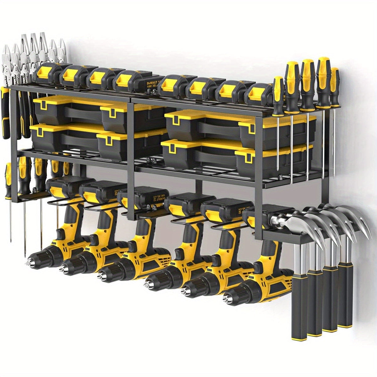 Power Drill Holder Wall Mount – Heavy Duty Tool Storage Rack with 3/4 Layer Floating Shelf | Cordless Drill Organizer | 4/6/8 Drill Holders Workshop Tool Rack for Garage & Workshop Organization