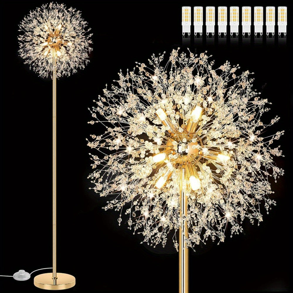 Crystal Floor Lamp Living Room 69 Inch Modern Standing Lamp – 738pcs K9 Crystals, 9 LED Bulbs, Antique Brass & Gold Finish, Tall Pole Light for Bedroom, Office & Mid Century Glam Decor
