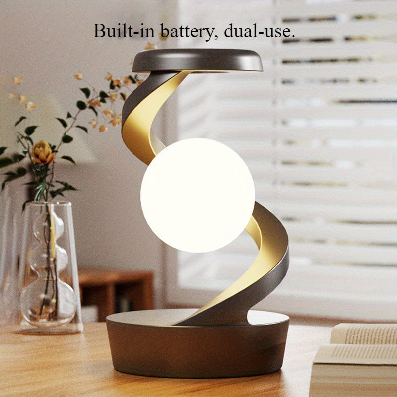 Floating Rotating Night Light with Wireless Charger – Smart Desktop Visual Levitating Lamp with Light Sensor, Hand Wave Control, Atmosphere Mood Light for Bedroom Office Party Decor, Gift (Grey/White)