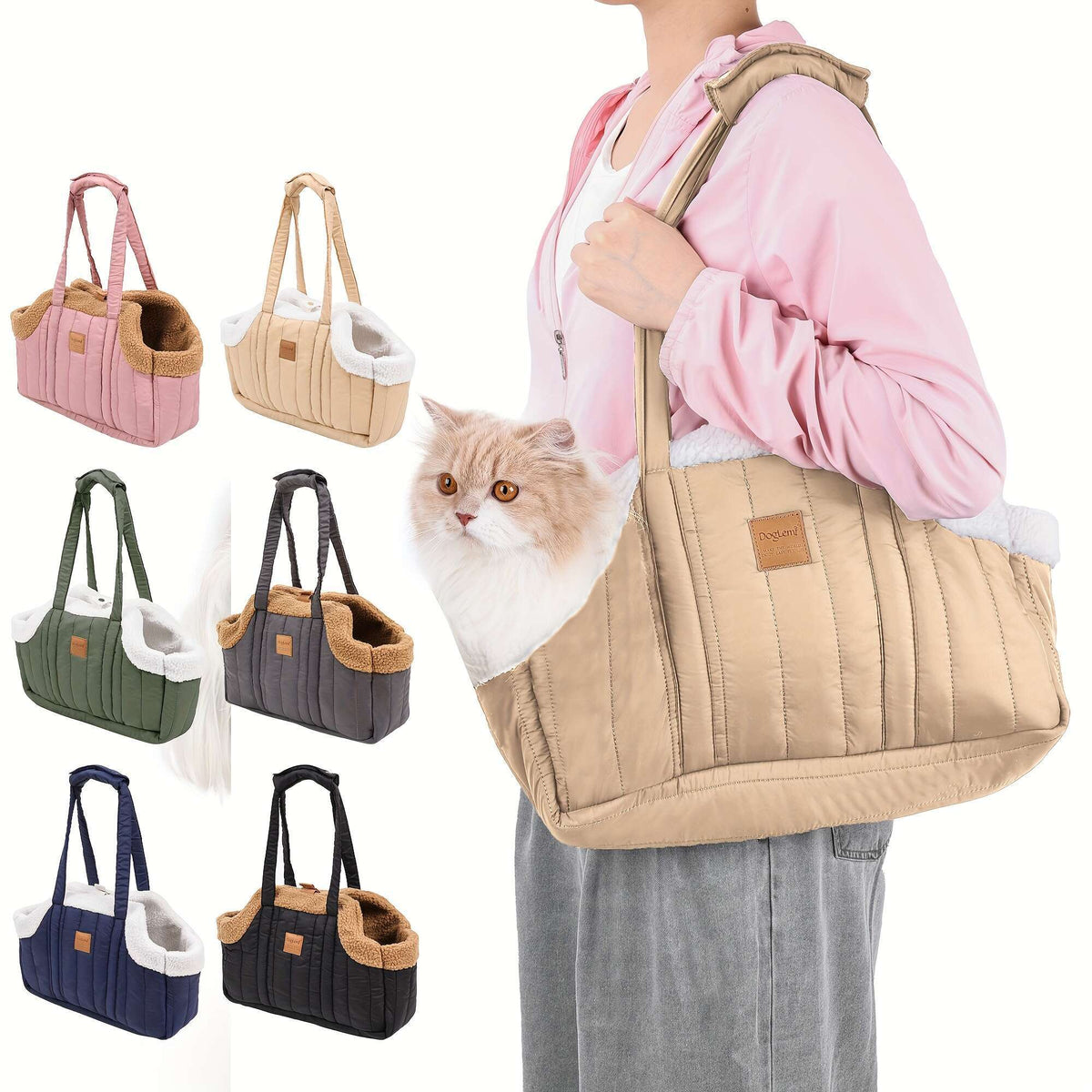 Pet Carrier Handbag Winter Warm Soft-Sided Small Dog Cat Carrier Bag with Snap Closure, Cozy Outdoor Tote Bag for Cold Weather, Portable Pet Purse for Small Pets - Dark Blue Grey Green Beige Black Pink