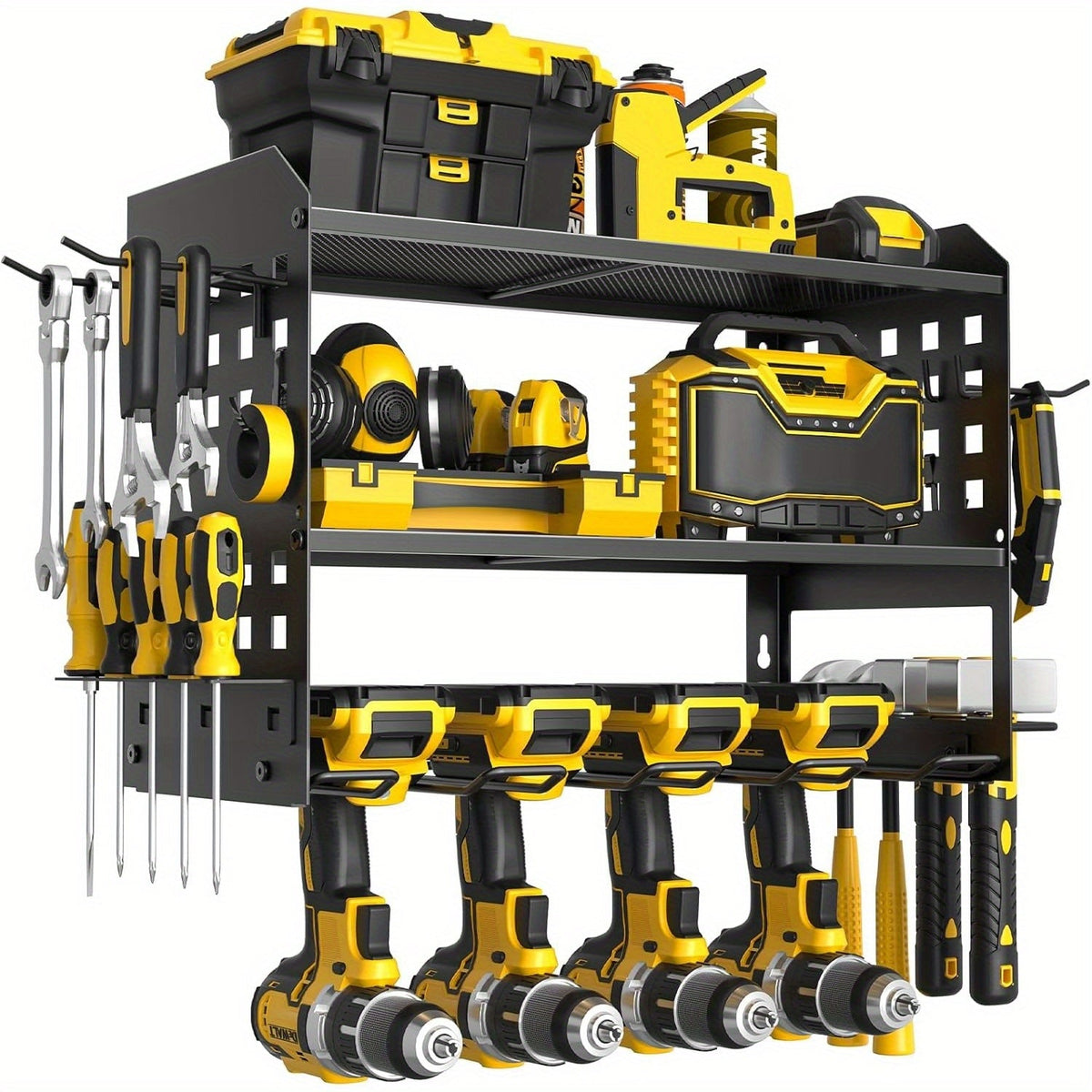Power Drill Holder Wall Mount – Heavy Duty Tool Storage Rack with 3/4 Layer Floating Shelf | Cordless Drill Organizer | 4/6/8 Drill Holders Workshop Tool Rack for Garage & Workshop Organization
