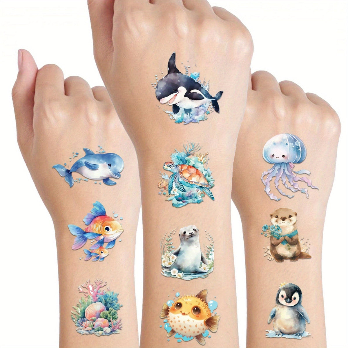 Ocean Animals Temporary Tattoo Stickers 12 Sheets 48 Designs Underwater Sea Creatures Cartoon Vibrant Body Art for Kids Adults Birthday Party Summer Beach Favors