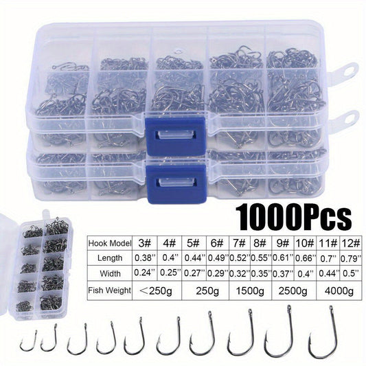 1000pcs Fishing Hooks Assorted Sizes #3-#12 Sharp Carbon Steel Fish Hooks Set with Portable Tackle Box for Sea Freshwater Bass Trout Carp Fishing Gear Kit Men Gift