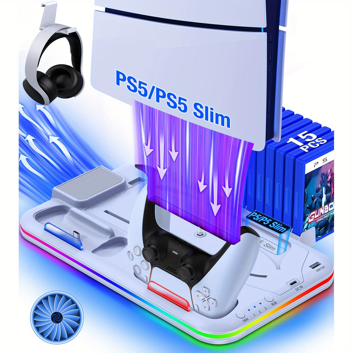 15-Game Storage PS5 Slim Stand with RGB Cooling Fan & Dual Controller Charging Station – Compatible with PS5 Slim Disc & Digital Edition, PlayStation 5 Accessories with RGB Light