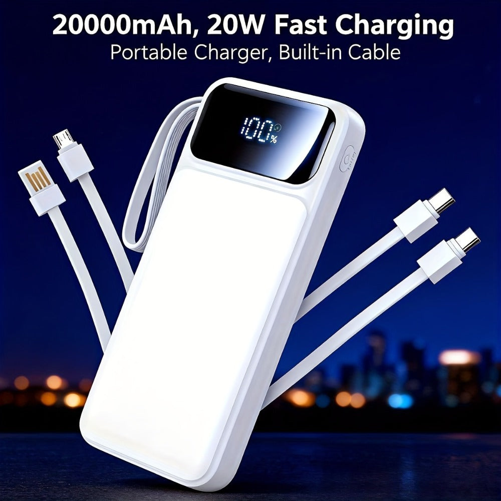 Ultra-Thin 20000mAh Power Bank with Built-In Cable – 20W Fast Charging USB-C Battery Pack, Slim Portable Charger for All Mobile Phones Tablets iPhone 17 16 15 Android Samsung, Travel Spare Battery