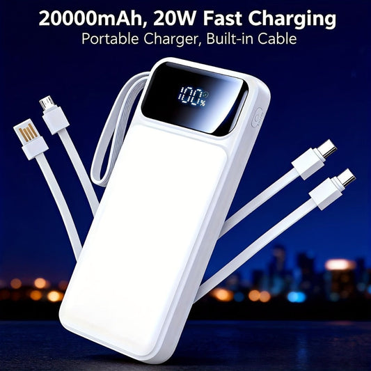 Ultra-Thin 20000mAh Power Bank with Built-In Cable – 20W Fast Charging USB-C Battery Pack, Slim Portable Charger for All Mobile Phones Tablets iPhone 17 16 15 Android Samsung, Travel Spare Battery