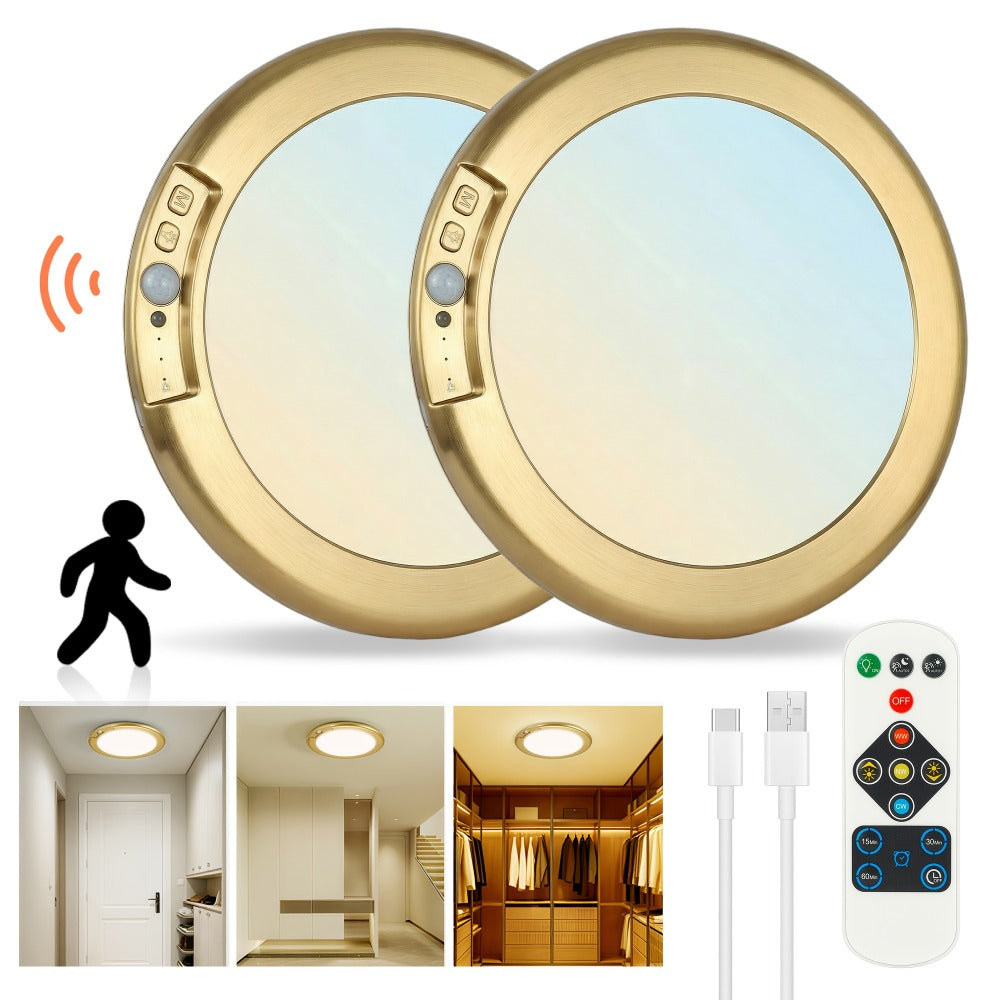 Rechargeable LED Ceiling Light with Motion Sensor – Remote Control Dimmable, 3 Color Temps 3000K/4500K/6500K, 10 Brightness Levels, Battery Operated Closet Light for Bathroom Hallway Pantry Porch