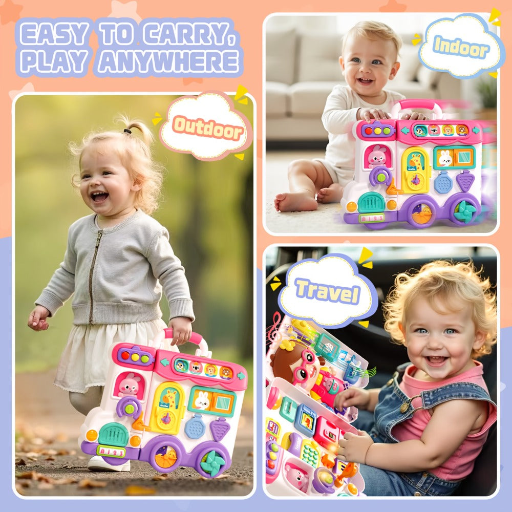 Musical Busy Board Bus Toy for Toddlers 18 Months – Pink Baby Activity Board, Early Educational Motor Skills Developmental Toy for 1 2 Year Old Boys & Girls, Birthday Gift for Baby