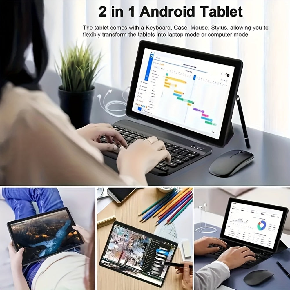 Android 15 Tablet 10.1 Inch 8GB RAM 128GB ROM – 8000mAh Battery, 1280x800 HD Display, 5MP+16MP Dual Camera, Stereo Speakers, WiFi, with Keyboard Case Mouse Stylus USB Cable