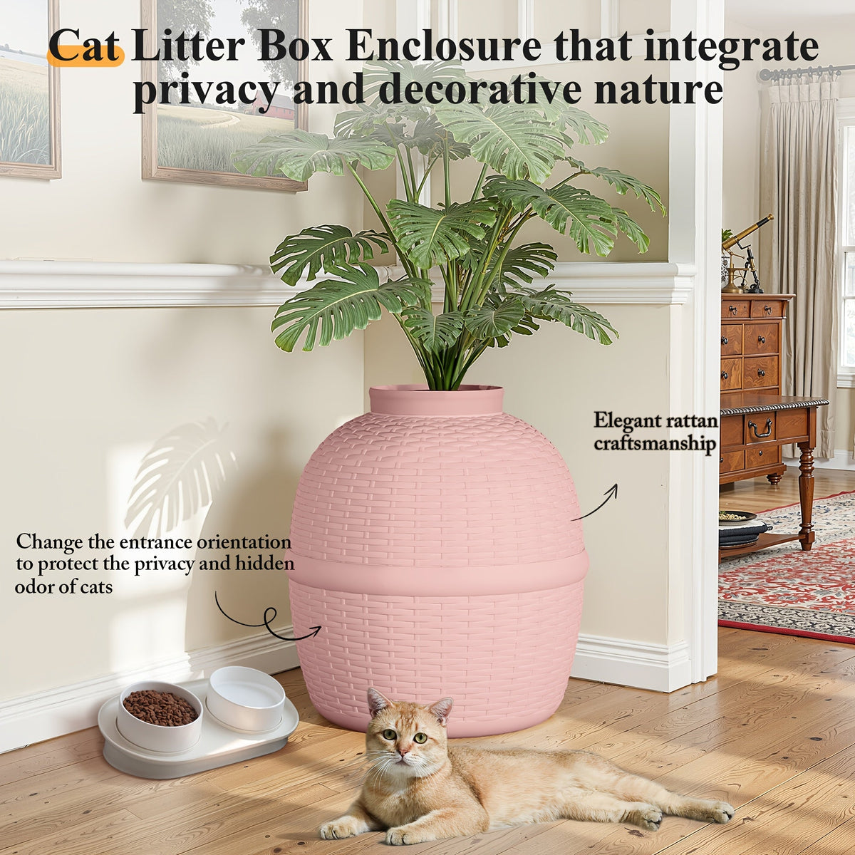 Hidden Litter Box Enclosure with Rattan Plant Design - Large Cat Litter Box Furniture, Waterproof PP, Easy Assembly, Odor Control Indoor Cat Cabinet, Off-White & Pink, Stylish Home Decor