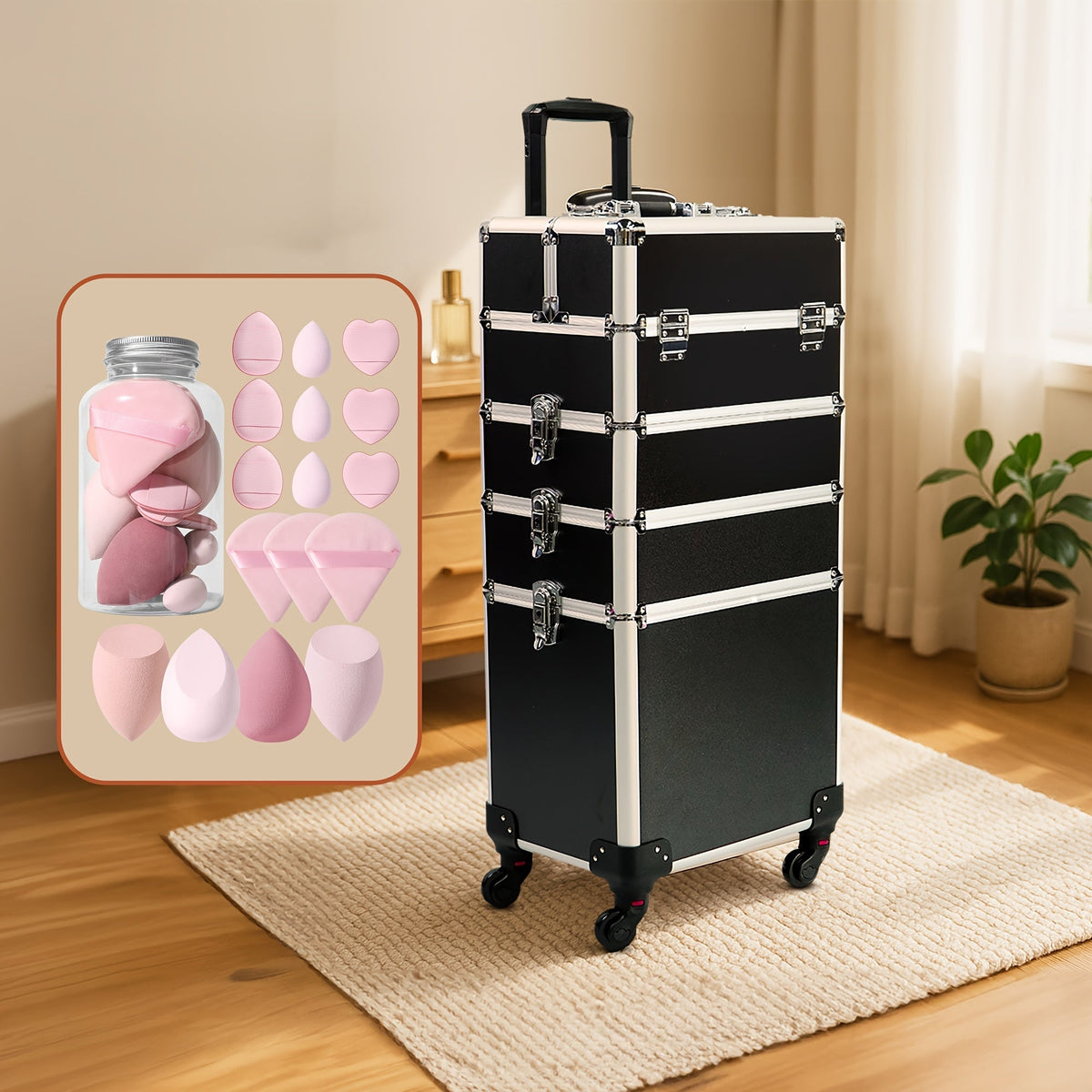 Rolling Makeup Train Case 4-in-1 Black Cosmetic Trolley with 360° Swivel Wheels & Makeup Sponges Set — Large Professional Salon Travel Beauty Organizer