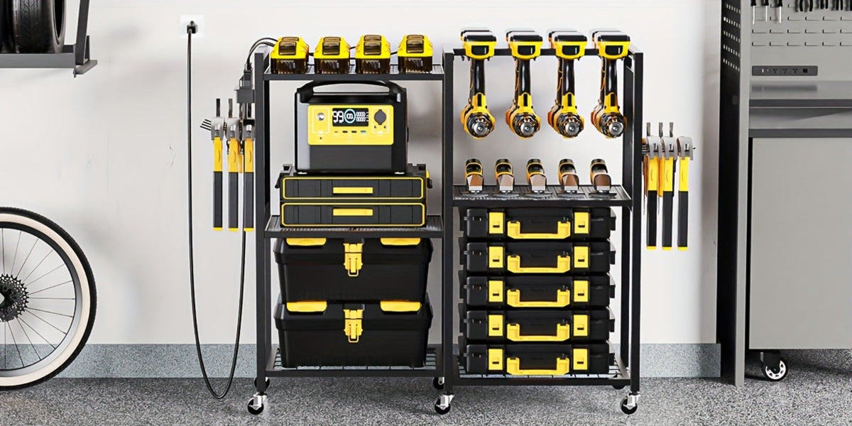 Mobile Tool Cart with Charging Station – 12 Drill Holders & 5 Storage Shelves Power Tool Organizer | Rolling Utility Rack Toolbox with Battery Charging Power Strip for Garage & Workshop | 4 Colors