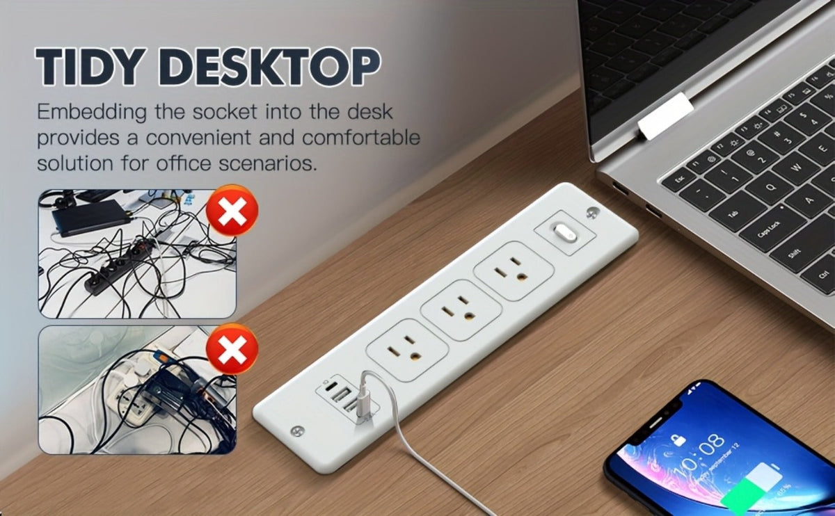 Recessed Power Strip In-Desk Embedded Socket 7-in-1, 3 AC Outlets & 4 USB Ports, Slim Space-Saving Design, 6ft Extension Cord, Countertop Power Station for Home Office Hotel Conference Room – BOCHLION BKL-U58