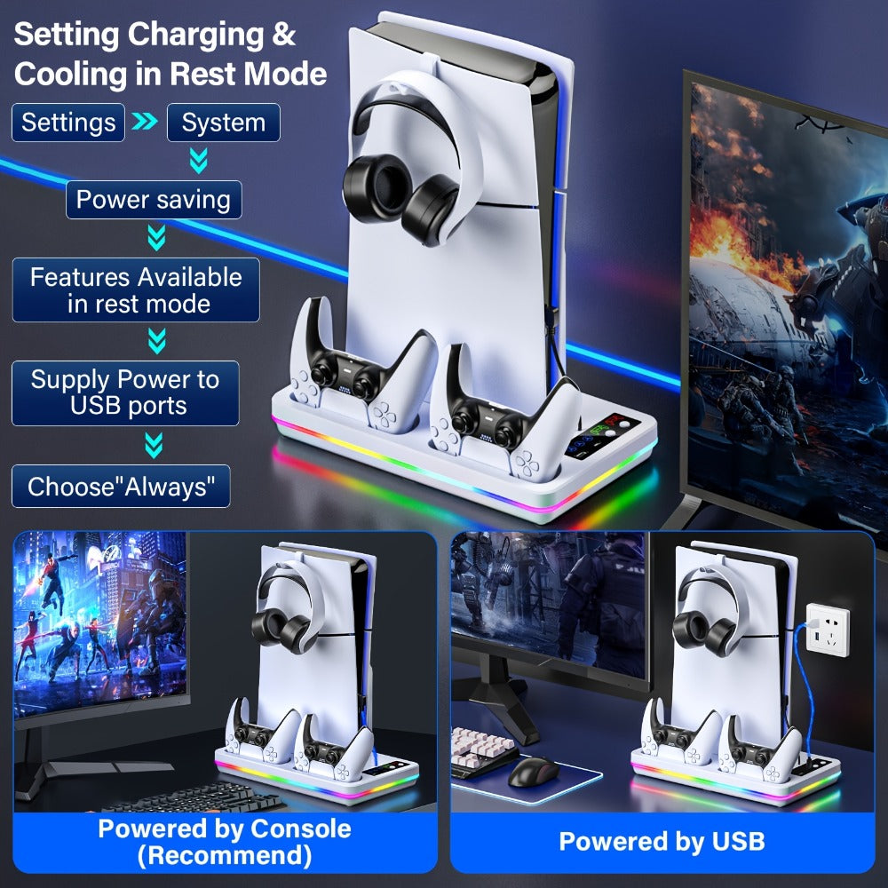 PS5 Cooling Stand with Dual Controller Charging Dock – Compatible with PS5/Slim/Pro Standard & Digital Edition, 3-Speed Fan, 10 RGB Lights & USB Hub, PlayStation 5 Gaming Accessories