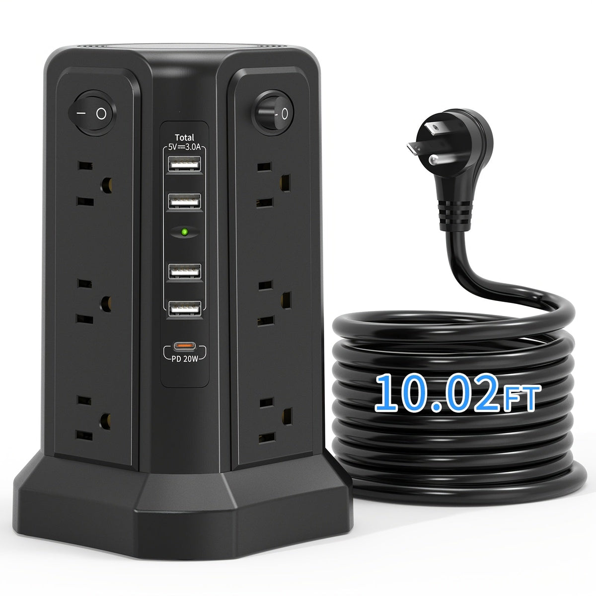 Power Strip Tower Angled Flat Plug 17-in-1 with 12 AC Outlets 4 USB-A 1 USB-C PD 18W 4 Independent Switches 1500J Surge Protector Desktop Extension Cord for Home Office Dorm Room – Black & White