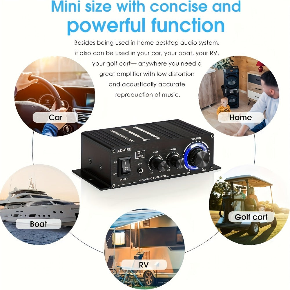 600W Mini HiFi Stereo Power Amplifier, Dual-Channel Class AB Compact Audio Amp, 2.0 Channel, RCA & AUX Input, Bass & Treble Control, Sound Amplifier for Home Theater, Computer & Car Audio (No Power Cord)
