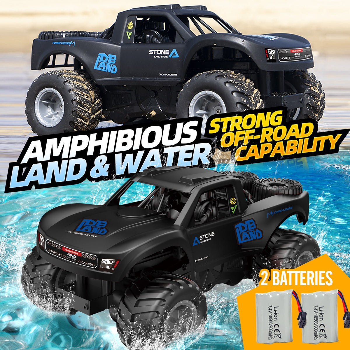 Amphibious RC Car 1:16 Scale 4WD, Waterproof Monster Truck or Pickup, 2 Batteries