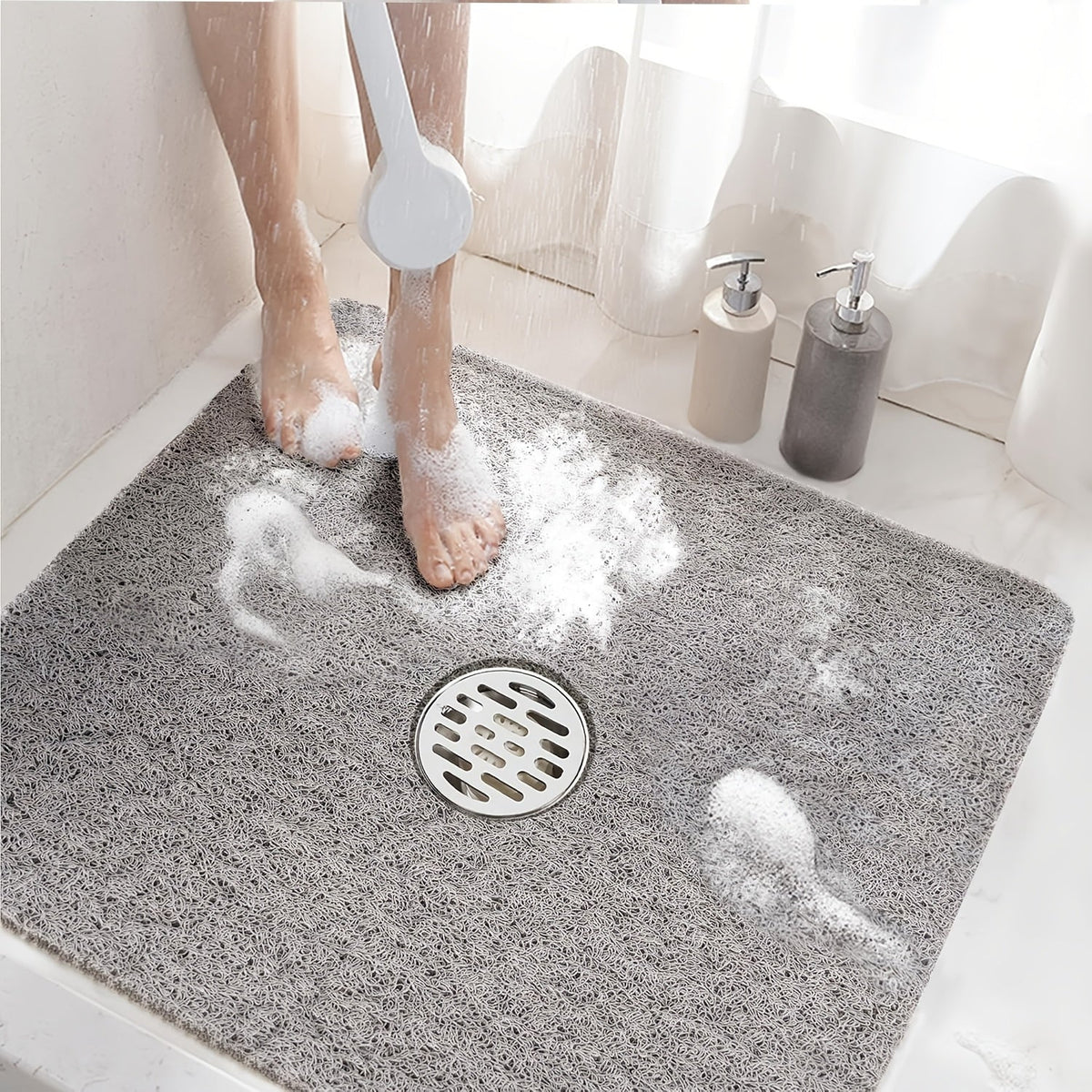 Non-Slip Shower Mat PVC Loofah Bath Mat with Drain Holes – Quick-Dry Square Bathtub Floor Mat, No Suction Cups Needed, Soft Cushioned, 24x24 Inch, Grey/White/Beige